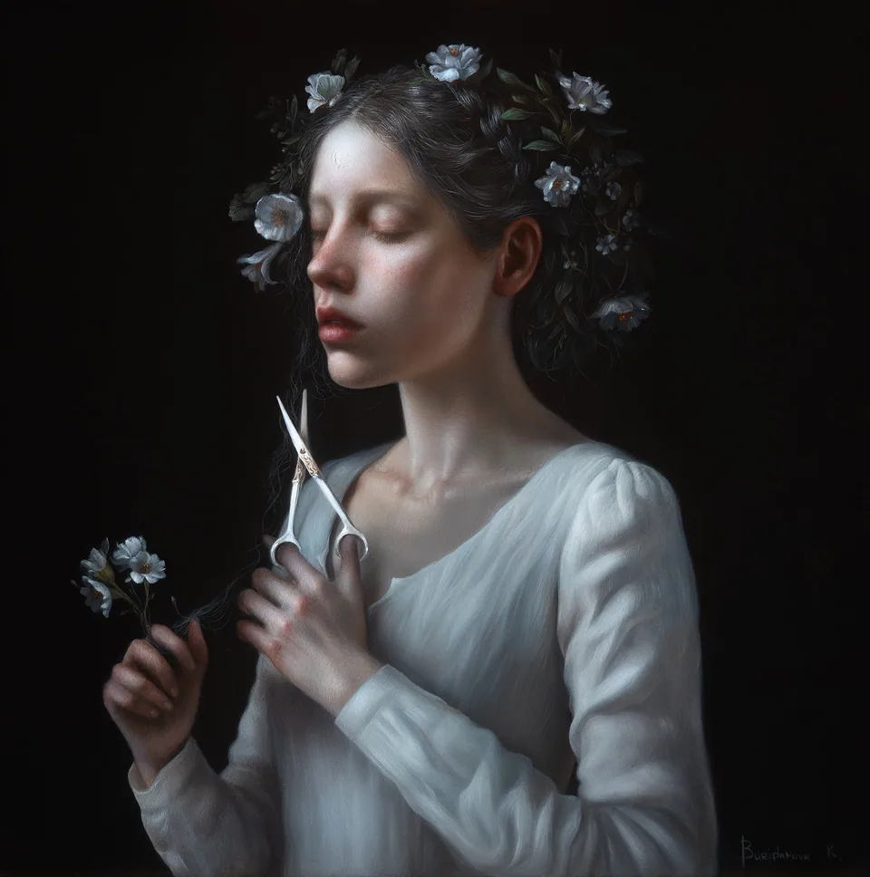 A woman with flowers in her hair, holding a lock of hair and silver scissors.