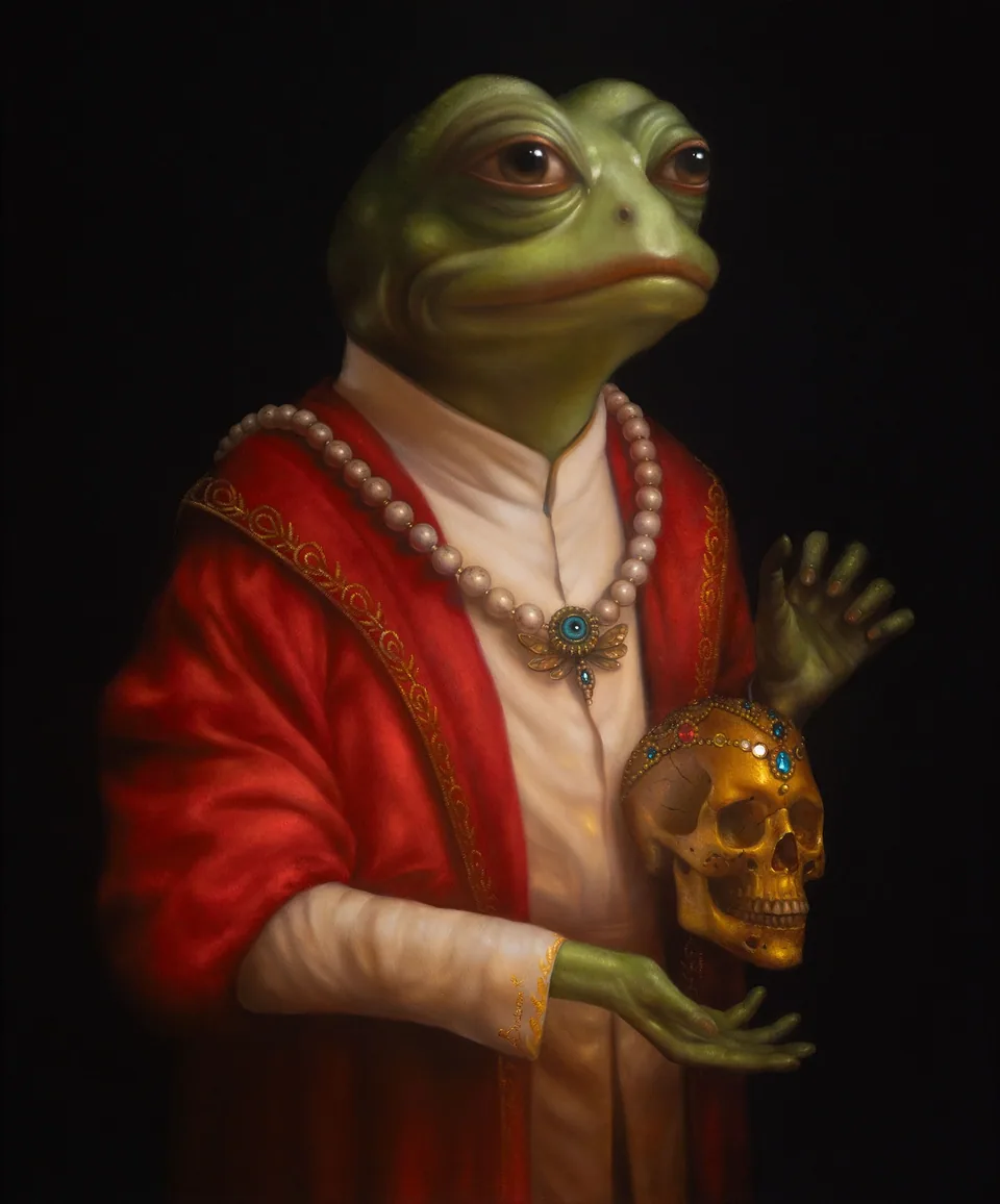 A frog in a red robe holding a decorated skull.