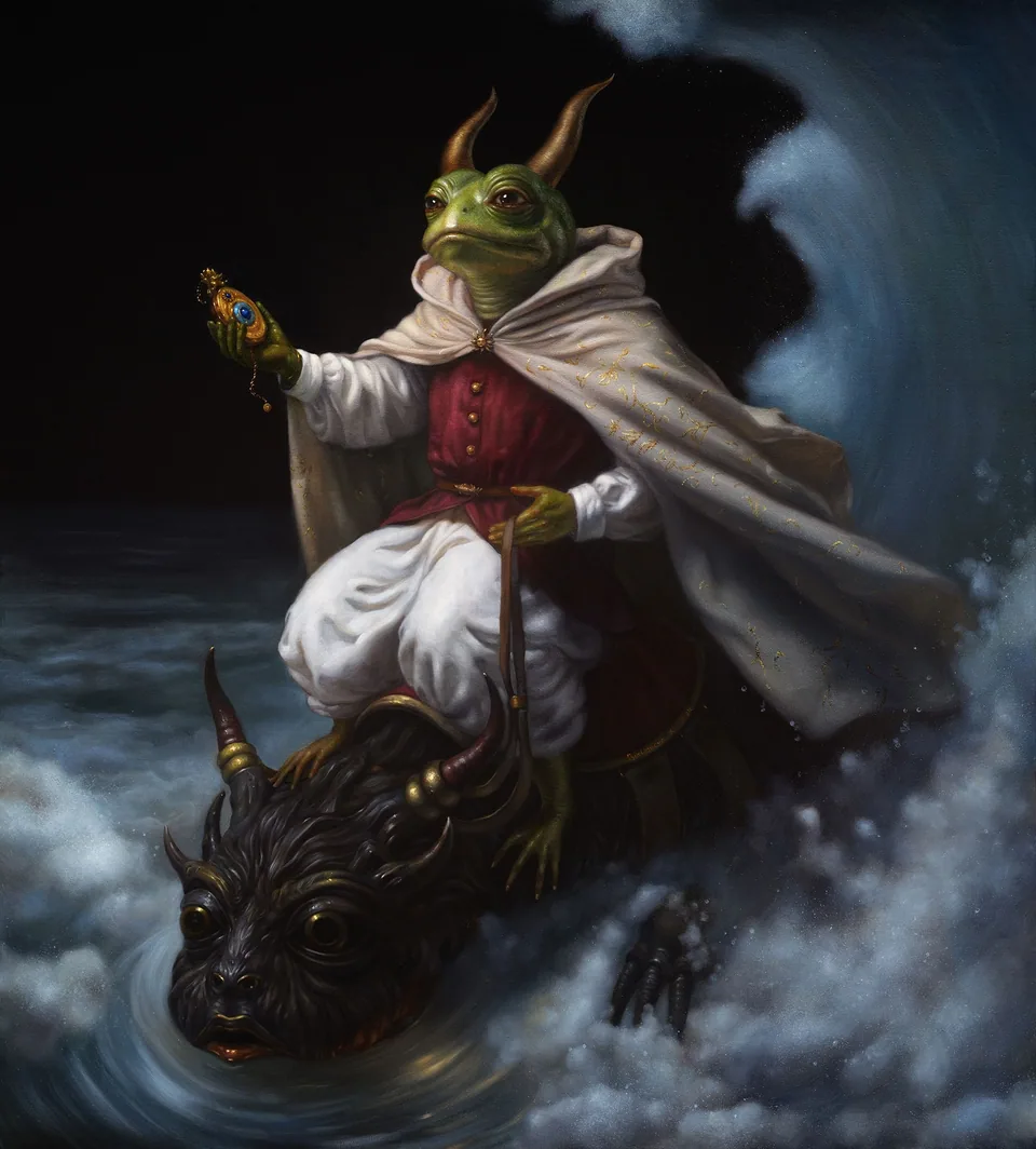 A frog riding a sea creature through a dark seascape.