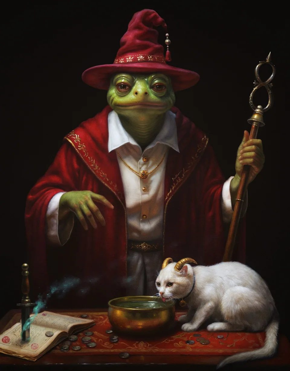 A frog magician with ritual objects against a dark background.