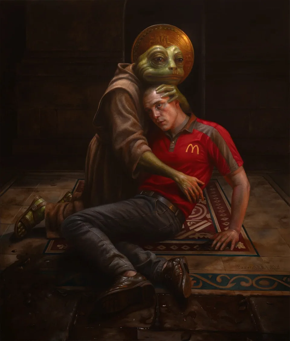 A robed frog holding a reclining man beneath a Bitcoin halo.