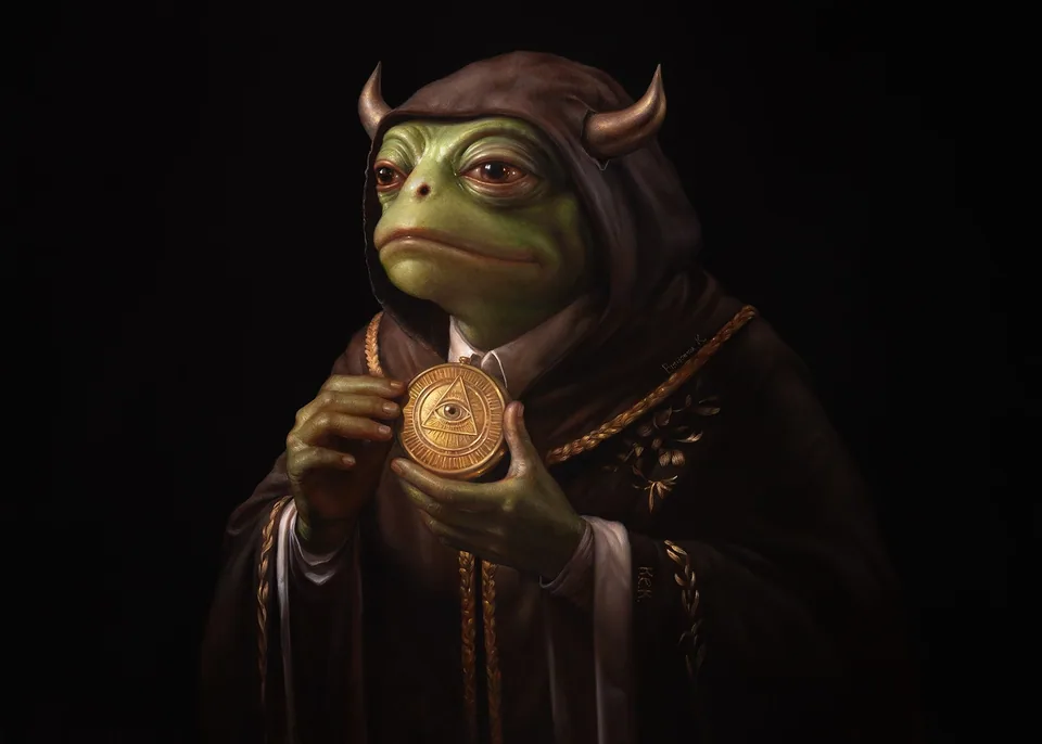 A horned frog in a dark hood with an eye-shaped medallion.