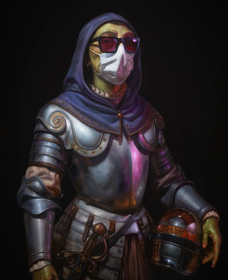 A frog in a dark hood, sunglasses and a mask.