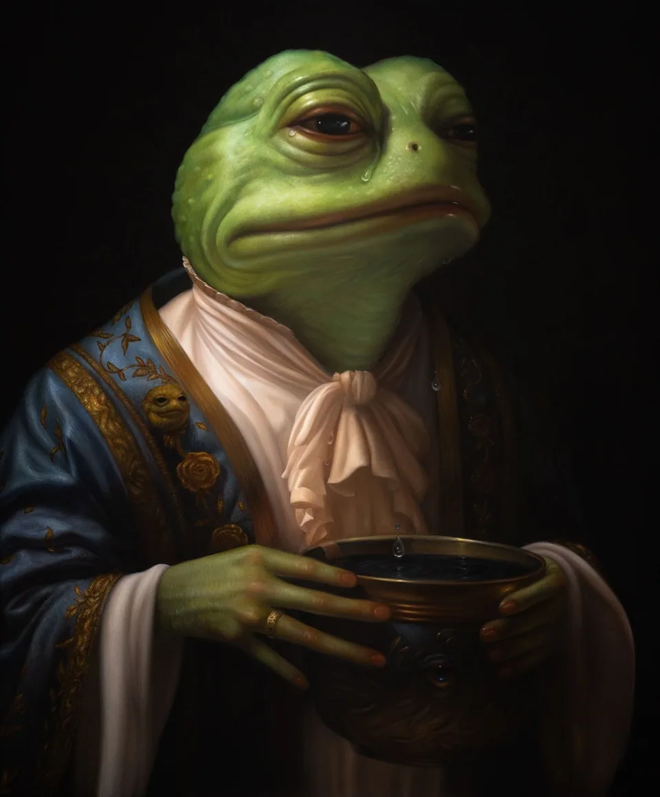 A frog archivist with a golden vessel and ceremonial symbols.