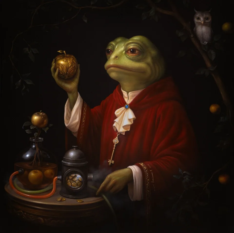 A guardian frog figure with a key and the Tree of Knowledge.