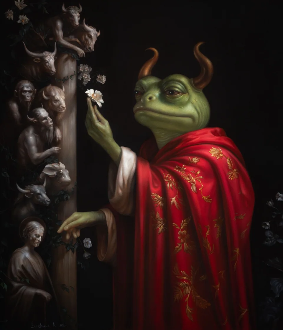 A ceremonial frog figure receiving gifts from fauns.