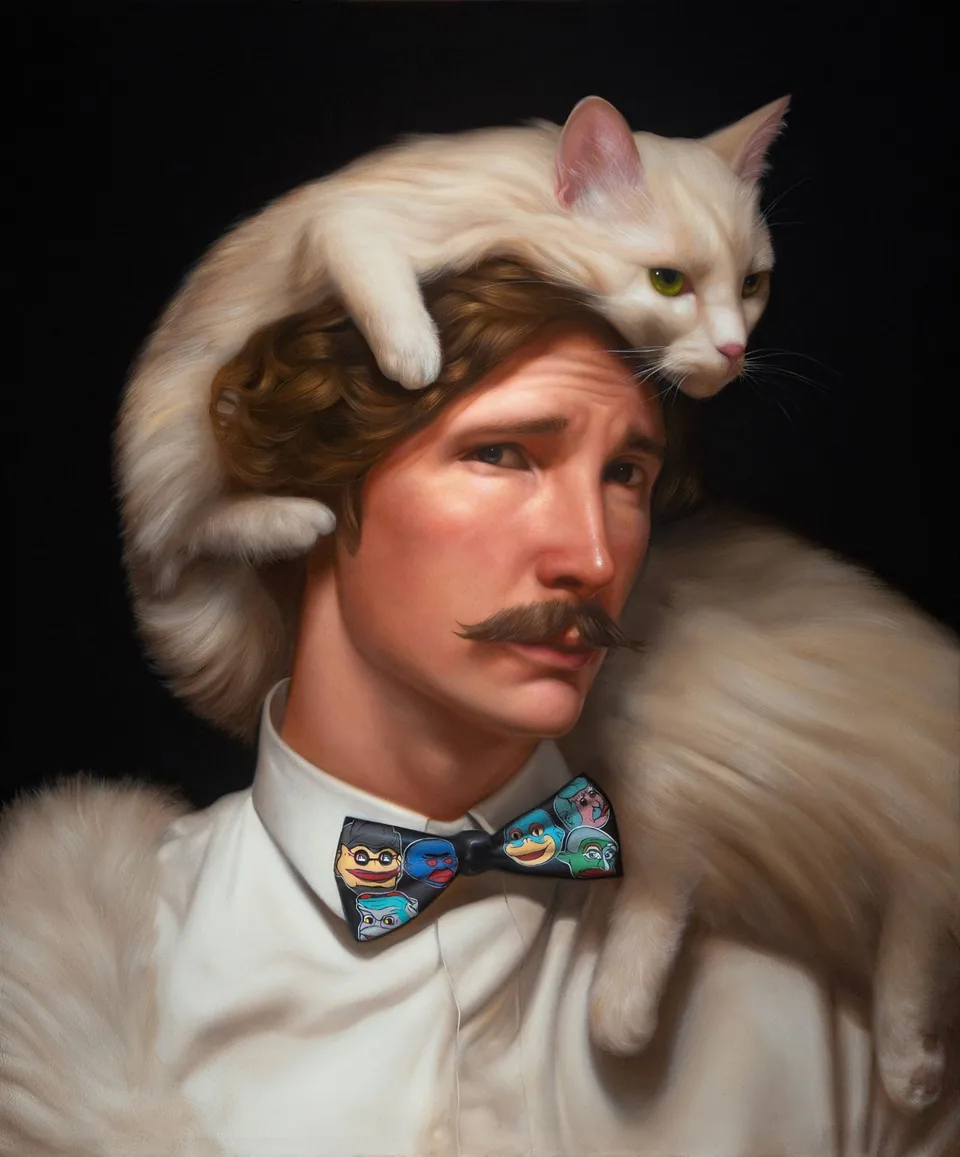 A portrait of a man holding a cat in a quiet, dark setting.