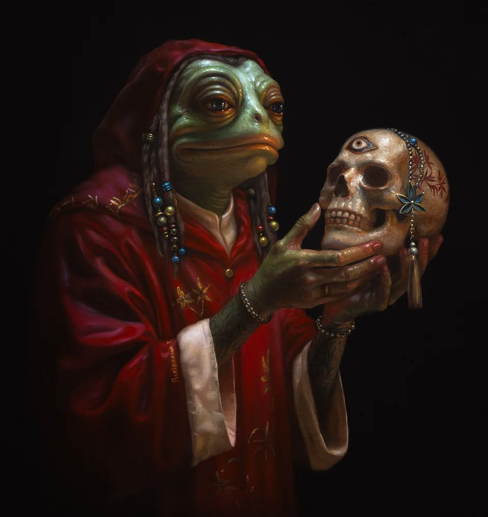 A shamanic frog figure with a skull bearing an all-seeing eye.