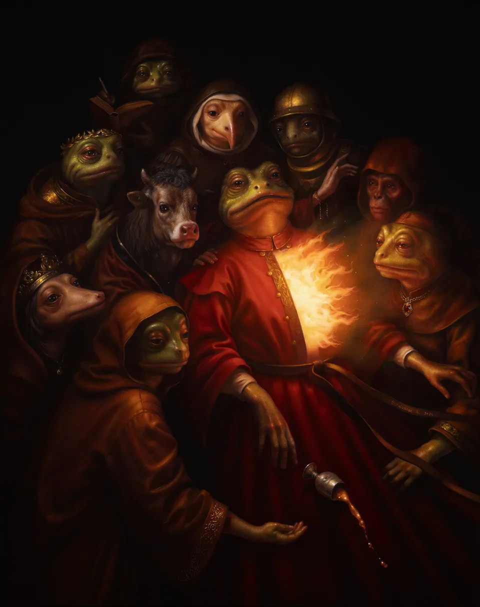 A frog figure with fire in its chest, surrounded by witnesses to a ritual.