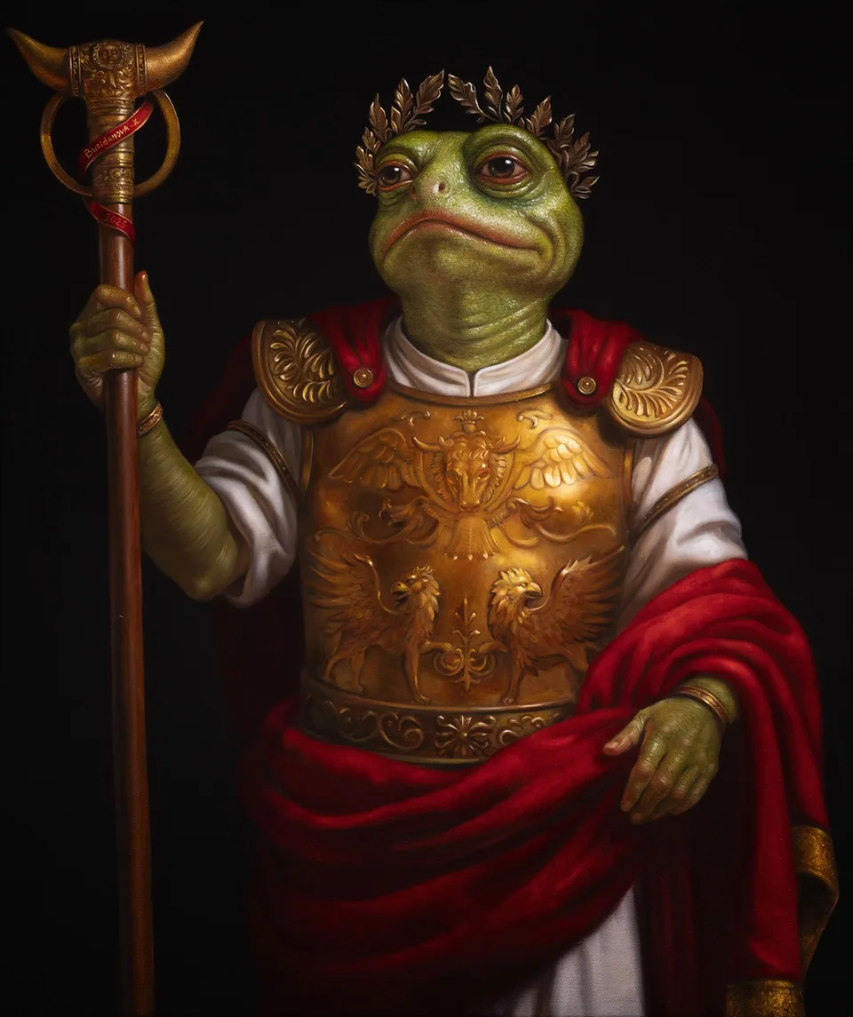 A ceremonial frog portrait in ornate Roman armor.