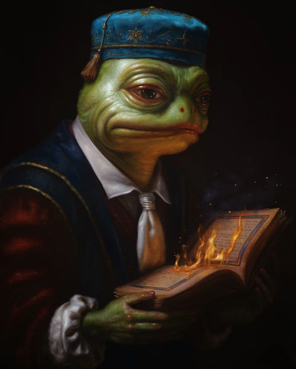 A frog alchemist holding an open book engulfed in flames.
