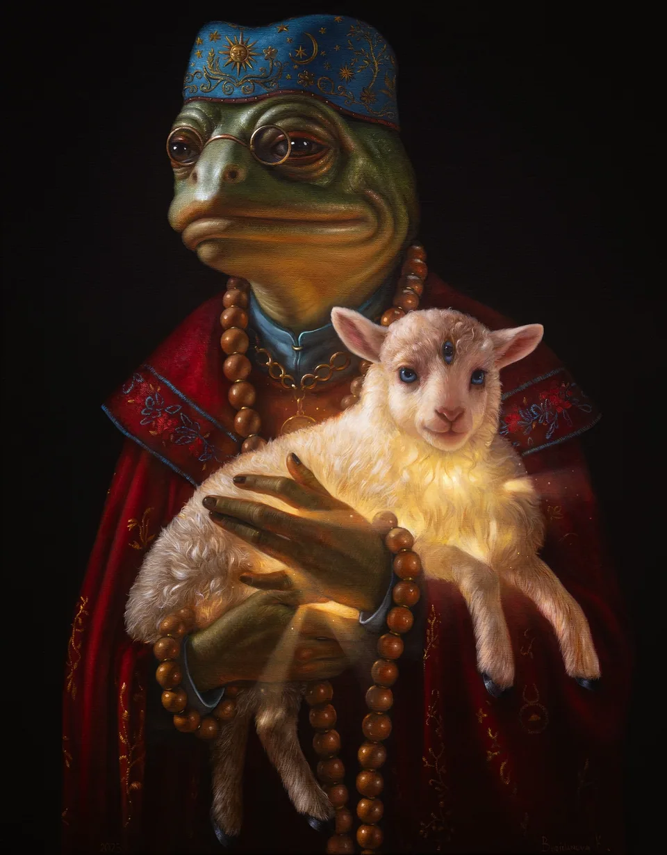A frog in a blue cap holding a luminous lamb.