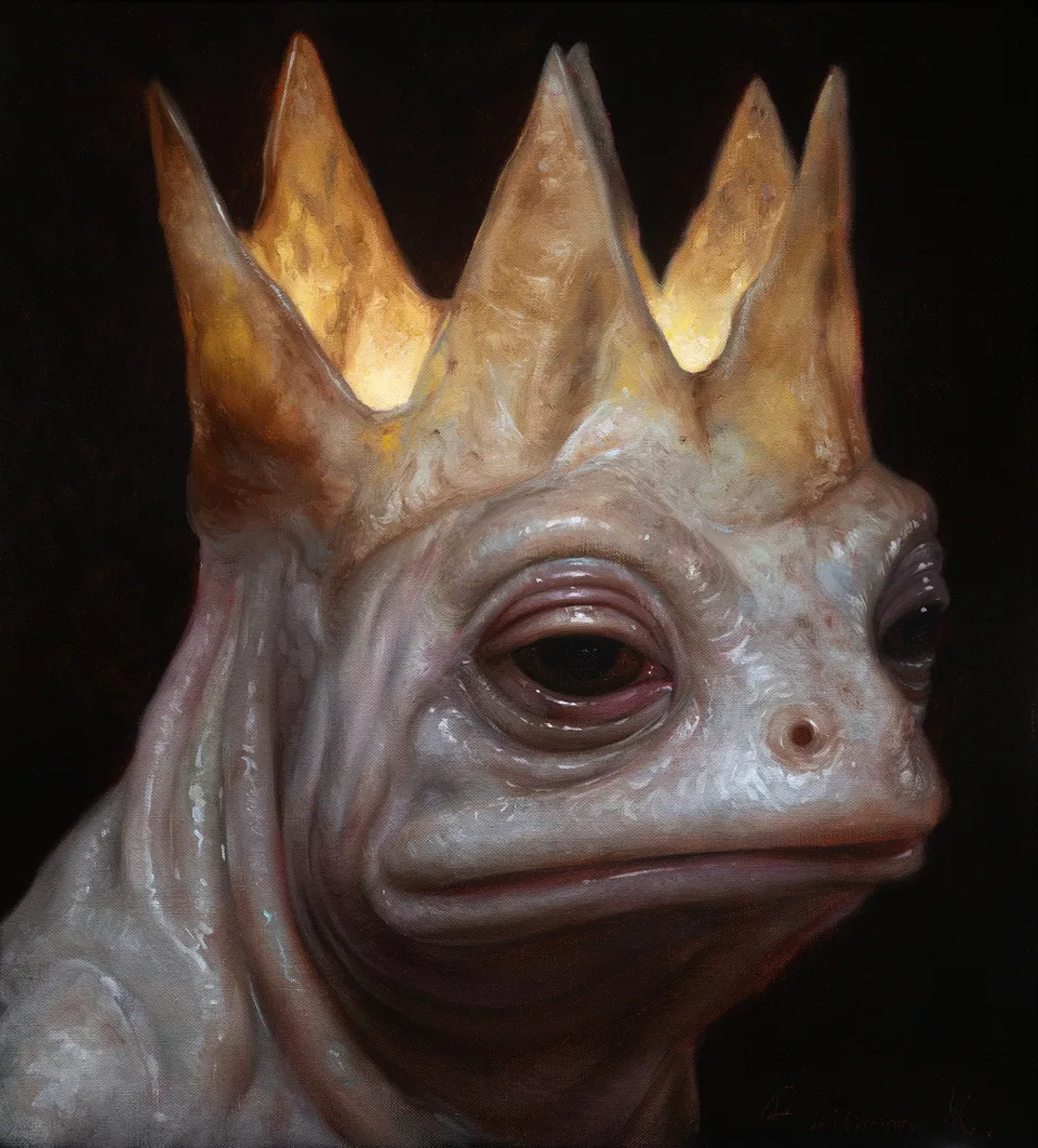A pale frog wearing a tall golden crown.